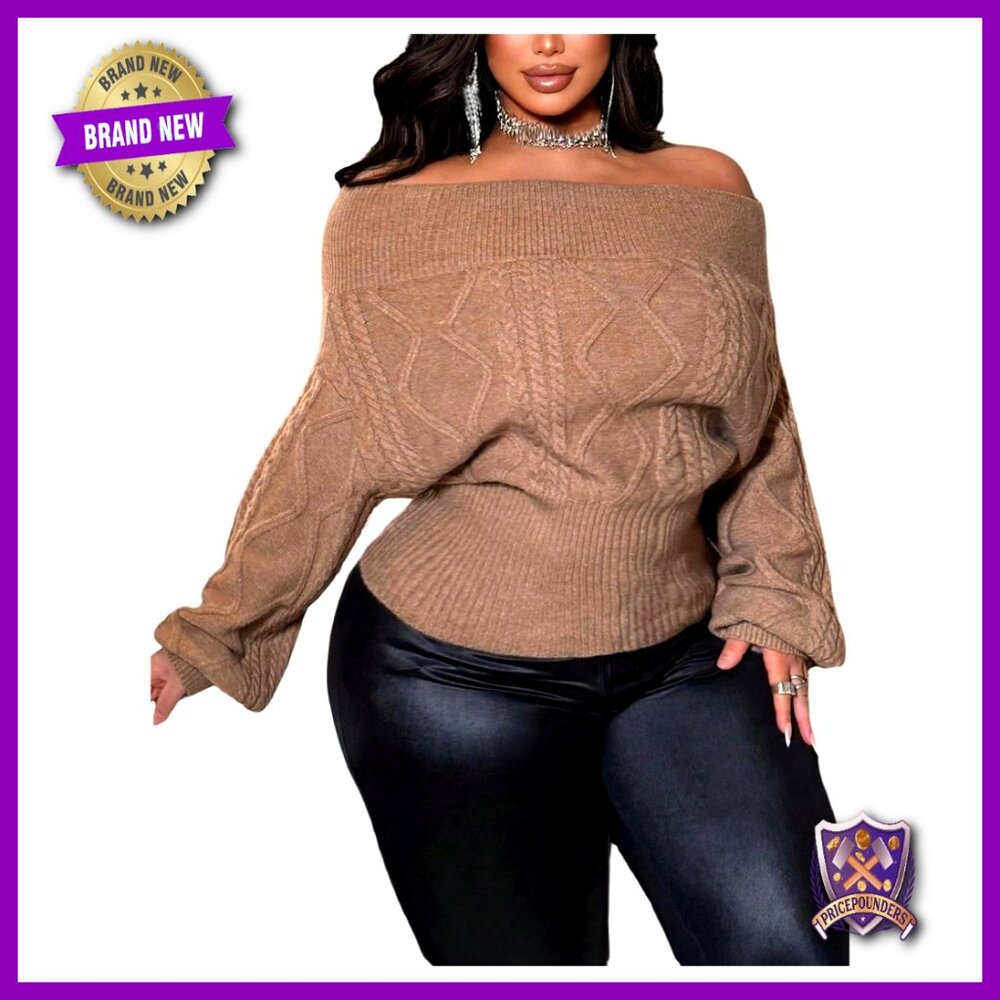 Plus Size Off Shoulder Cable Knit Pullover Sweater Long Sleeve Fall Winter
